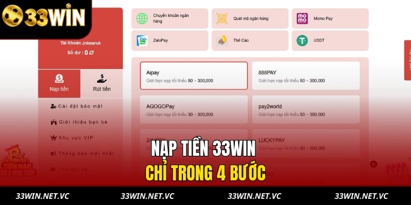 Nạp tiền 33WIN chỉ trong 4 bước